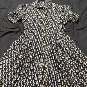 Navy and White Patterned Button-Up Dress